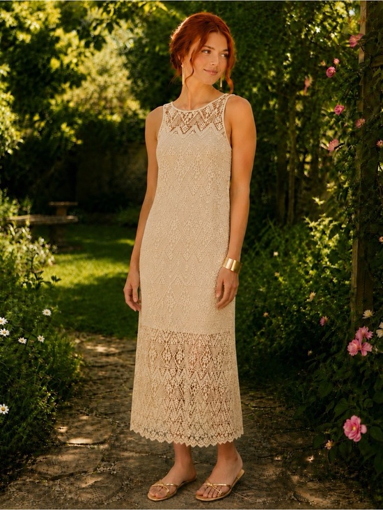 XCVI Dresses & Skirts - XCVI Cream Crochet Maxi Dress With Slip